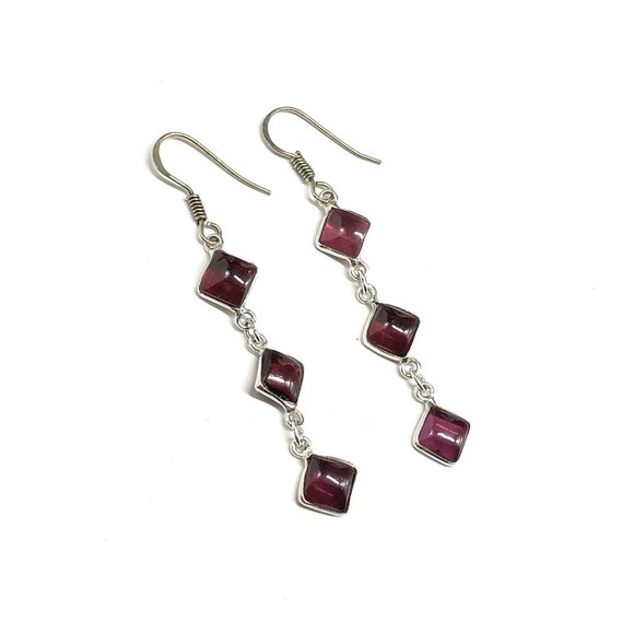 Sterling Silver Dangle Earrings, Stylish Kite cut Red Garnet Earrings - Picture 5 of 6